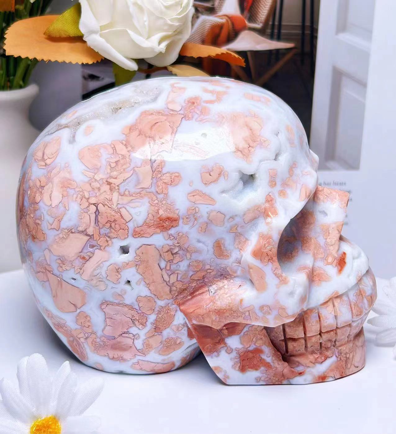 大きなドゥルージー ピンク アメジスト ジオード スカルとフラワー アゲート | ドゥルージー クリスタル スカル | フラワー アゲート スカル | ドゥルージー スカル | クリスタル スカル アート