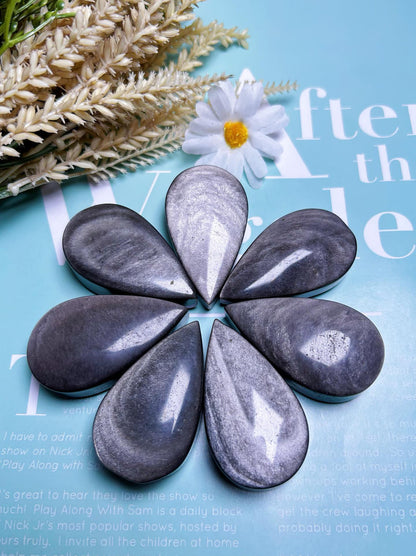 Silver Obsidian Teardrop Grade AAA Genuine Natural Rock Gemstone Pendent  55mm