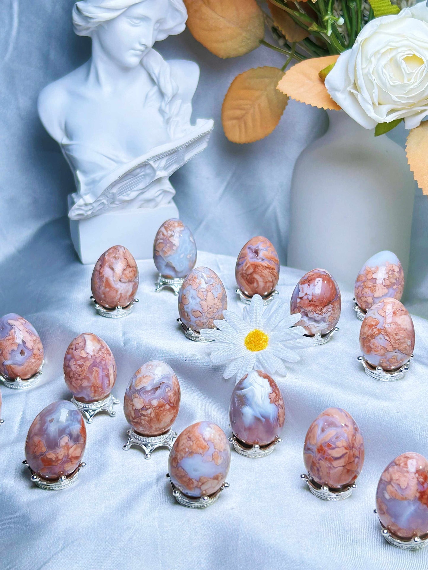 ピンク 天然アメジスト フラワー アゲート ドゥルージー クリスタル エッグ ディスプレイ ピース 30mm